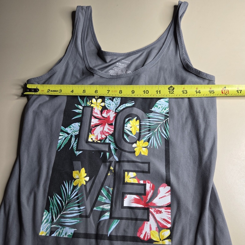 No Boundaries XL Love Graphic Tank Top Floral Tropical Grey Stretch Juniors... - Picture 5 of 7